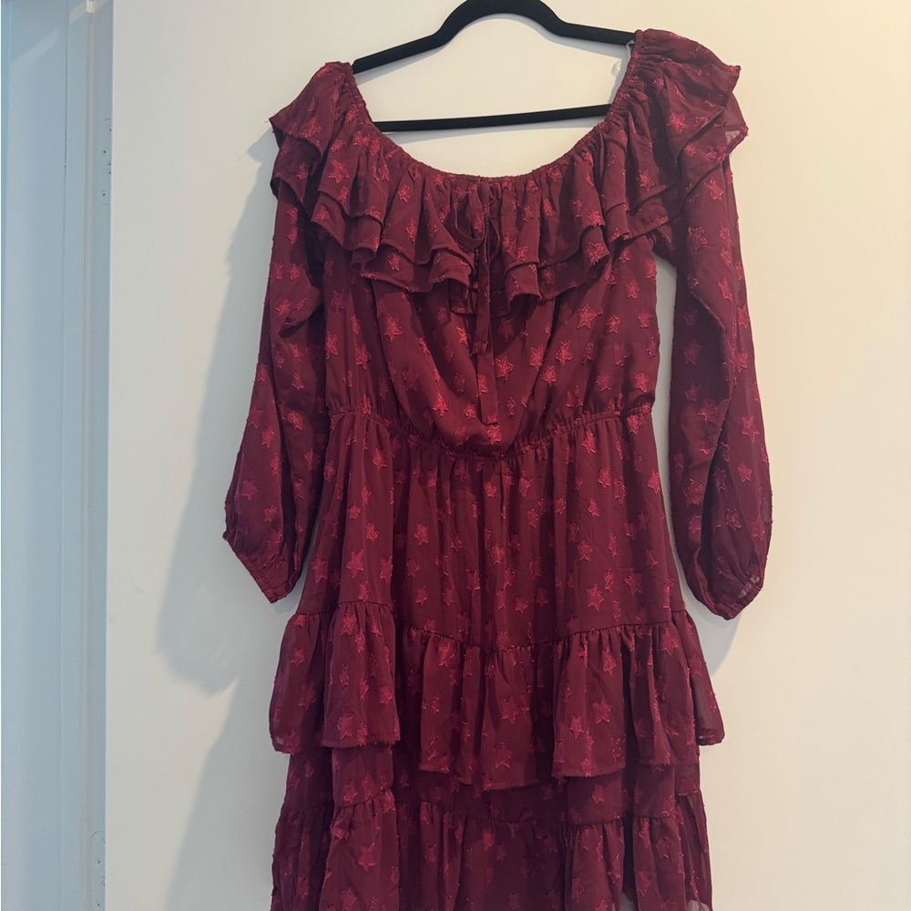 Chic Burgundy Star Pattern Long Sleeve Dress